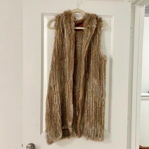525 America Brown Rabbit Fur Hooded Long Tunic Vest